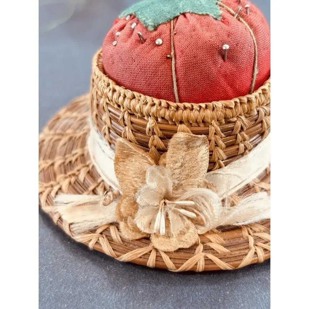 Vintage Straw Hat Tomato Pincushion Wicker Sewing Pin Cushion Cottagecore Decor
